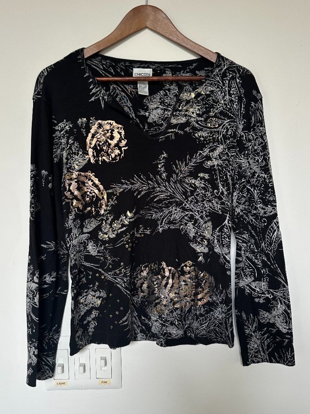 Chico's Black Floral Long Sleeve Top with Gold Sequin & Bead Accents